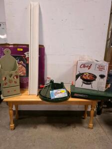 Coleman 2-Burner Propane Camping Stove, Model 5430, 20,000 BTU, Green, wood bench, Christmas tree stand, bricket BBQ, mail oragizer. White shelf