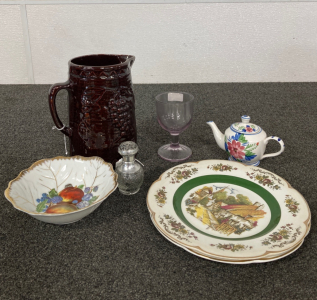 Pitcher, Glass Plates, and Assorted Kitchenware