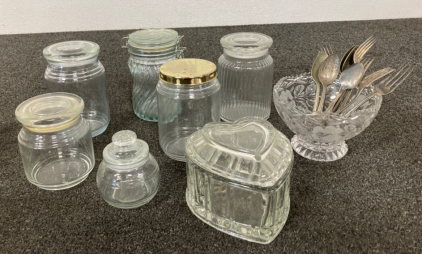 Glass Jars With Lids, Glass Candy Bowl, & Silverware