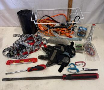 Mixed Hand Tools & Utility Lot &ndash; Mac Tools Screwdrivers, Ratchet Strap, Level, Gloves, Storage Basket