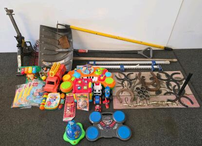 Mixed Lot Household Tools, Horseshoes, Kids Toys, Play Day Floats, Clamps, Jack, Shovel