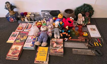 Large Mixed Lot: Vintage Cookbooks, Hand Tools, Dolls, Decor, Holiday decorative items, Some plastic black parts of some sort (Shelf A) 5000s