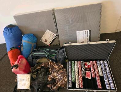 Camping Gear Lot w/ 3 Sleeping Bags, Tent, Poker Chip Set, SOL Bivvy, Foam Tiles, Gas Can
