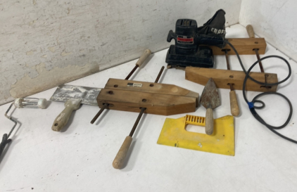 (2) Large Wooden Clamps, Craftsman Sander & Assorted Tools
