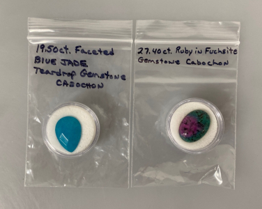 Blue Jade Teardrop Cabochon and Ruby in Fuchsite Cabochon