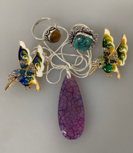 (2) Rings, Necklace and (2) Hummingbird pins