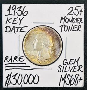 1936 Washington Quarter 25&cent;, Silver, Monster Toned, Key Date, Original Patina