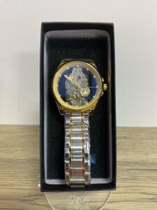 Replica Gold-Tone Skeleton Mechanical Wristwatch, Stainless Steel Band, Deployant Clasp, Boxed, batter powered