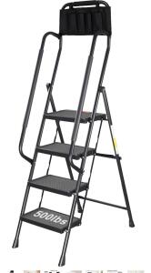 4-Step Foldable Steel Ladder with Handrails, 500 lb Capacity, Tool Pouch (F)