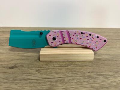 Buckshot Sprinkles Cleaver Folding Knife, 3" 3Cr13 Blade, Pink G10 Handle, Pocket Clip