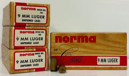 Norma 9mm Luger Unprimed Brass Cases, Index No. 781, Four Boxes (200 Total), Reloading, Boxer
