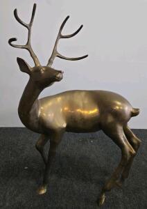 Large Brass Deer Sculpture with Realistic Antlers and Aged Patina (Shelf A)