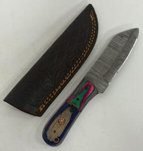 Custom Damascus Fixed Blade Knife, Multicolored Wood & Mosaic Handle w/ Sheath, 9&rdquo; Length