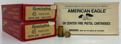 Mixed 45 ACP Once-Fired Brass and Remington 45 Auto Rim Primed Brass, Approx. 150 Cases