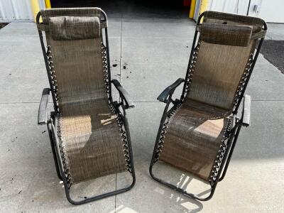 Pair of Folding Zero Gravity Lounge Chairs, Brown Mesh, Steel Frame, Adjustable Headrest (in connex 6)