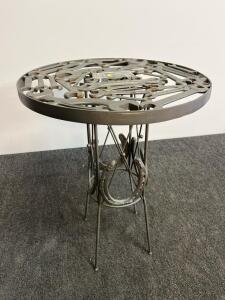Upcycled Metal Side Table &ndash; Round Top Made From Wrenches, Horseshoe Base, 22"x28", Industrial Design