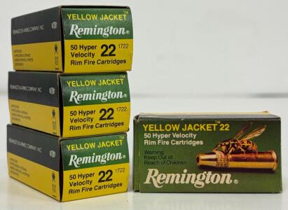 (4) Boxes Remington Yellow Jacket .22 LR Hyper Velocity 33gr TCHP Ammunition, 50 Rounds