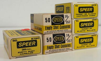 (6) Boxes Speer .38/.357 Caliber Reloading Components &ndash; Plastic Bullets, Shot Capsules, and Cartridge Cases