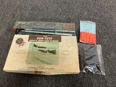 Mixed Gun Accessories Lot: Gun-Tote Model 1512 Carrier, Tri-Pak Cleaning Kit, 20 Gauge Dummy Ammo, Shotshell Holder (B)