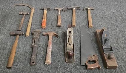 Vintage Sargent Hand Plane, W&B Pipe Wrench, Handsaw, Sickle & 7 Hammers &ndash; Lot of 11 Tools (Shelf A)