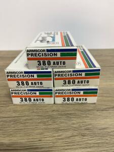 Armscor Precision 380 Auto 95gr FMJ Ammunition &ndash; 250 Rounds (5 Boxes) Brass Case