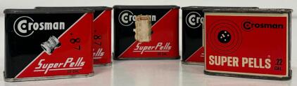Vintage Crosman Super Pells .22 Cal Tin Lot, 5 Collectible Metal Tins, 175 Count Each, 1970s&ndash;80s Graphics