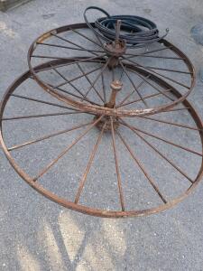 55" Antique Steel Wagon Wheels, Pair, 16 Spoke, Solid Hubs, Farm Cart or Display