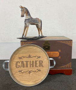Metal Tray, Decorative Wood Horse, and Storage Box