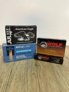 .223 Remington Ammunition Lot &ndash; 55gr FMJ, Brass Case, 20rd Boxes, American Eagle, Wolf, PPU