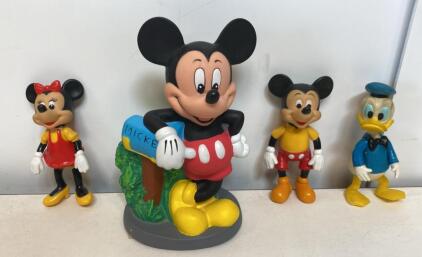 Vintage Disney Mickey Mouse Coin Bank & Figures Set &mdash; Minnie, Donald, 10" & 7" Tall, 1970s-80s ( E )
