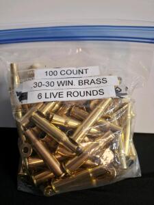 100ct .30-30 Winchester Brass Cases with 6 Live Rounds, FC Headstamp, Reloadable ( shelf H)