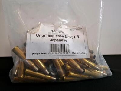 Prvi Partizan 6.5x51R Japanese Unprimed Brass Cases, 100 Pieces, New( shelf H)