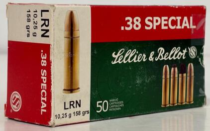 Sellier & Bellot .38 Special 158 gr LRN Ammunition, 45 Live Rounds, Original Box, Brass Cases