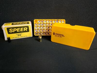 Speer Target 44 Plastic Bullets, Approx 48ct, w/ Flambeau Cartridge Box, Reloadable Indoor Practice