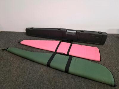 3 Rifle Gun Cases: 1 Hard Plastic Foam Lined (Black) + 2 Soft Padded (Pink, Green), Lockable, Handles ( shelf H)