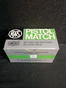 RWS Pistol Match .22 LR Rimfire Ammo 500 Rounds (10 Boxes), Sinoxid Primer, German-Made, Lot 2132443