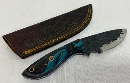 Custom Fixed-Blade Knife with Patterned Blade, Resin-Stabilized Wood Handle, and Leather Sheath
