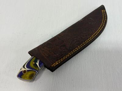 Custom Fixed Blade Knife, Marbled Resin Handle, Patterned Steel, Leather Sheath