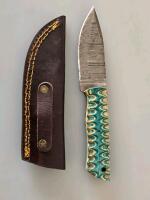 Custom Damascus Steel Fixed-Blade Knife With Patterned Handle And Tooled Leather Sheath - 2