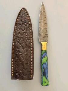 Custom Damascus Fixed-Blade Knife, 4.5" Blade, Green/Blue Dyed Wood Handle, Leather Sheath