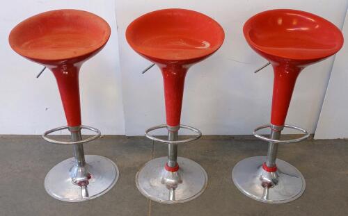 Set Of 3 Adjustable Red Modern Bar Stools With Chrome Base, Swivel Function, And Footrest