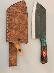Handmade High-Carbon Steel Cleaver Knife With Resin Handle And Leather Sheath