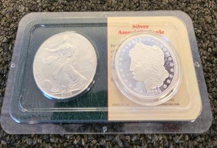 2002 Silver American Eagle 1Oz Coin With COA & 2020 Morgan Dollar Tribute 1Oz Silver Round