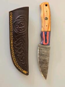 Handmade Damascus Steel Full Tang Drop Point Knife, 4.5" Blade, Mosaic Wood Handle, Leather Sheath