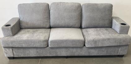 GARVEE Three-Seat Gray Sofa With Built-In Cup Holders And Arm Storage (*New*)