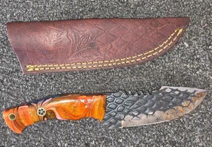 Custom Fixed-Blade Knife with Resin Handle and Leather Sheath