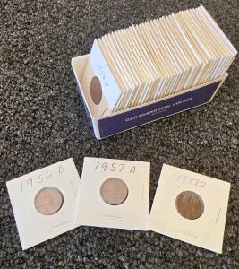 Lincoln Wheat Penny Collection 1956-D, 1957-D, 1958-D, Approx. 50-60 Coins, Denver Mint