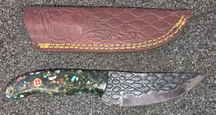 Custom Fixed Blade Knife with Multi-Color Resin Handle and Tooled Leather Sheath