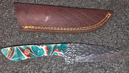 Custom Fixed Blade Knife, Forge Finish Blade, Color Resin Handle, Tooled Leather Sheath, Mosaic Pins