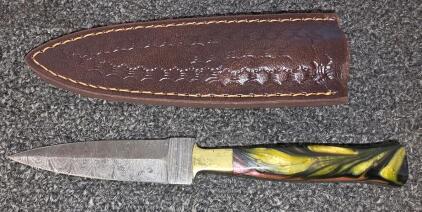Hand-Forged Damascus Steel Fixed-Blade Knife with Multicolor Resin Handle and Leather Sheath